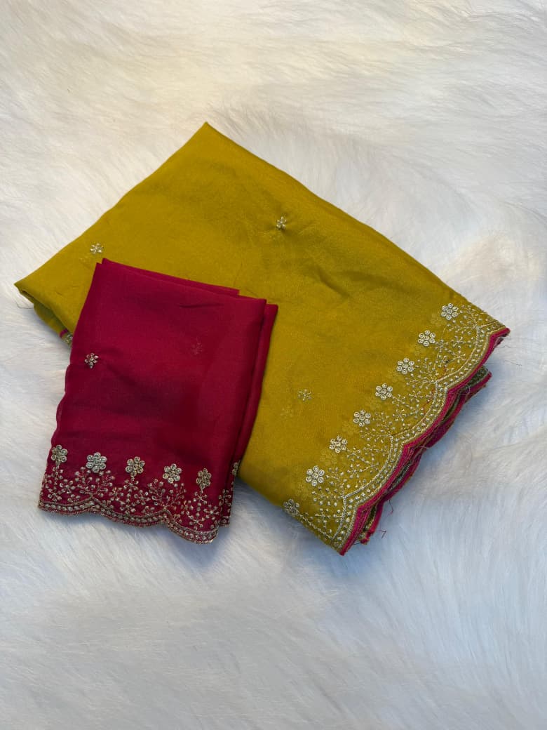 Stunning Embroidery Work Party Wear Saree YELLOW