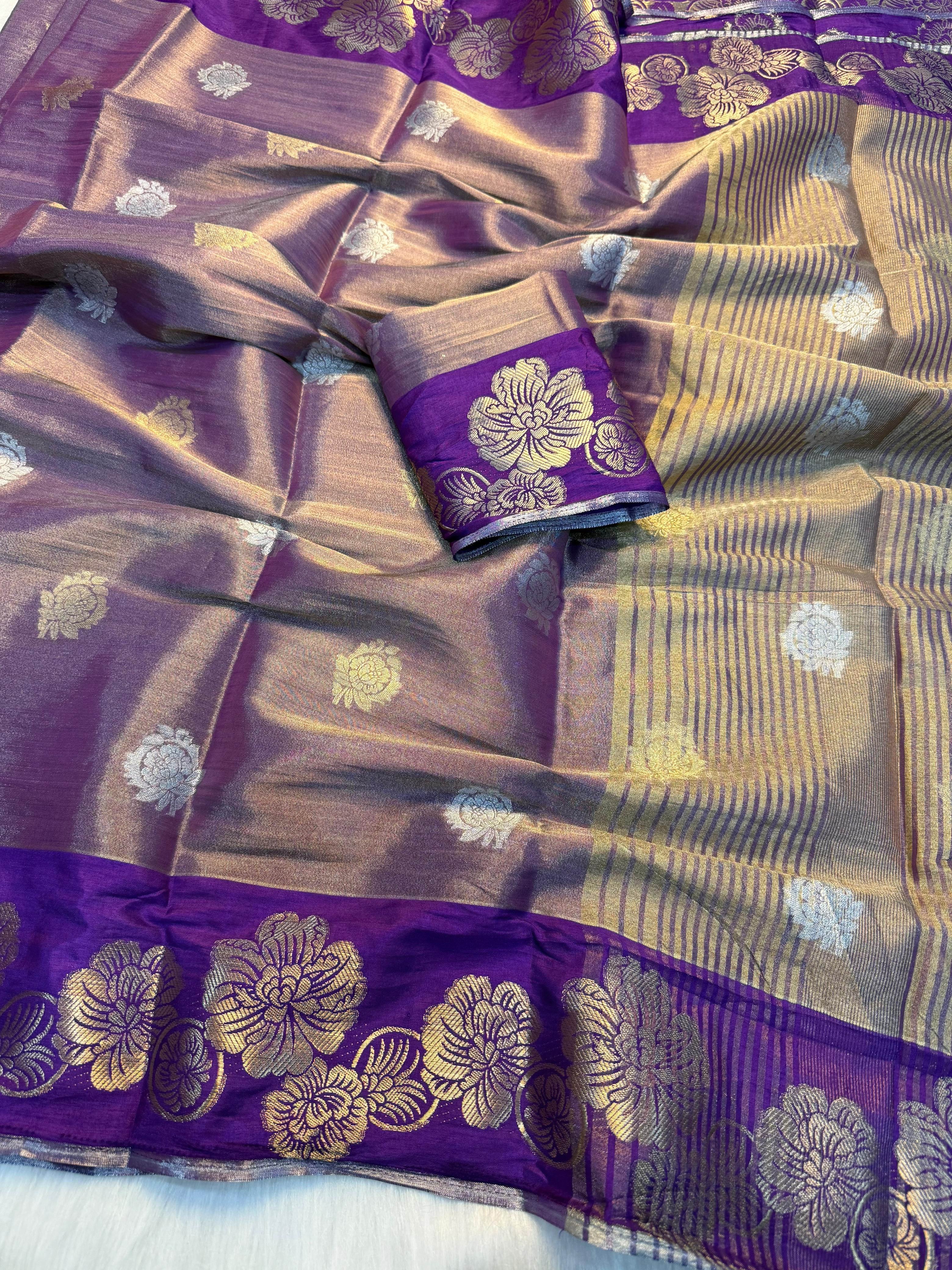 Elegant Viscose Georgette Saree with Rich Floral 2D Zari Border & Matching Running Blouse -Dual Tone Purple