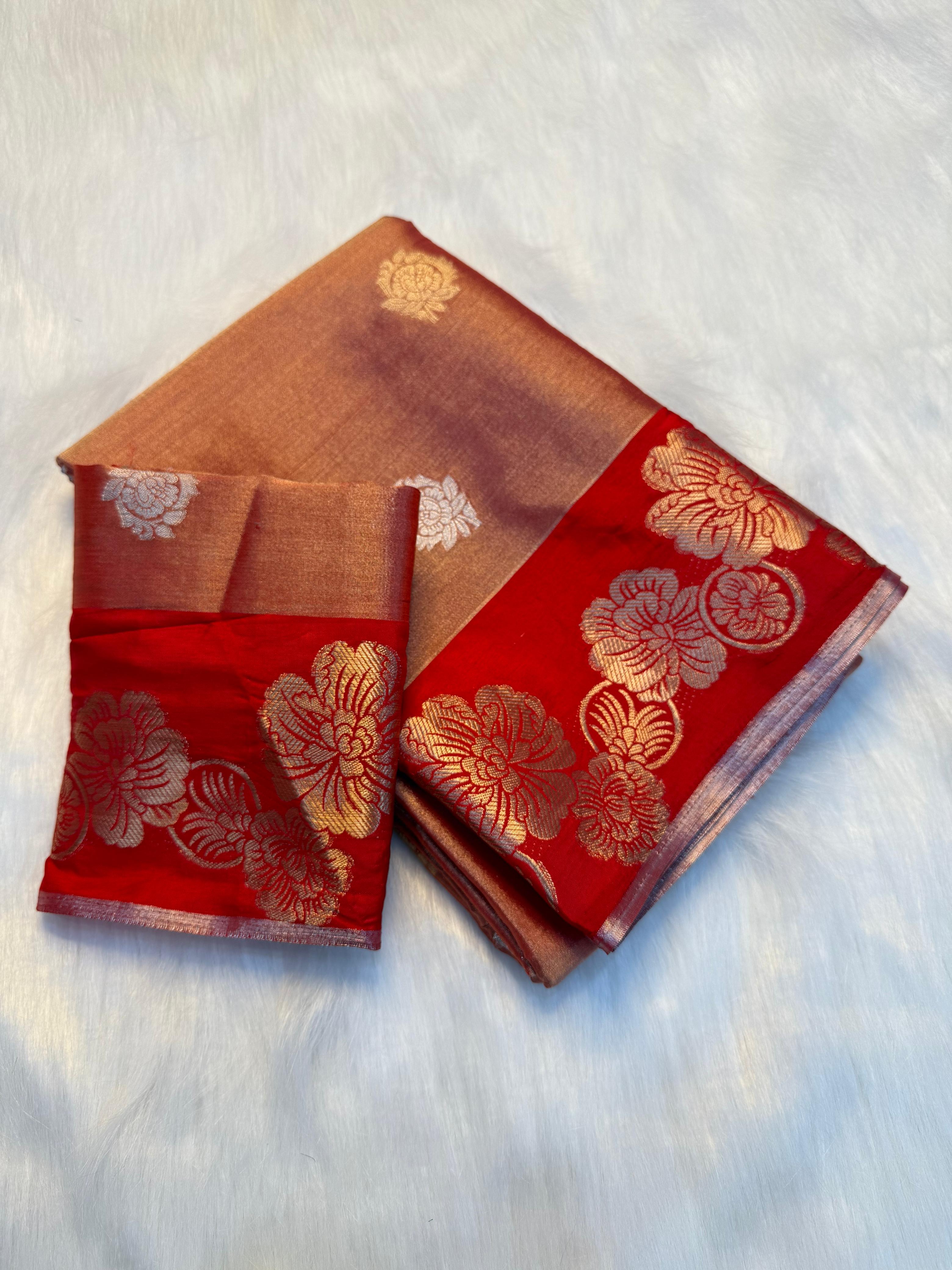 Elegant Viscose Georgette Saree with Rich Floral 2D Zari Border & Matching Running Blouse -Dual Tone Orange