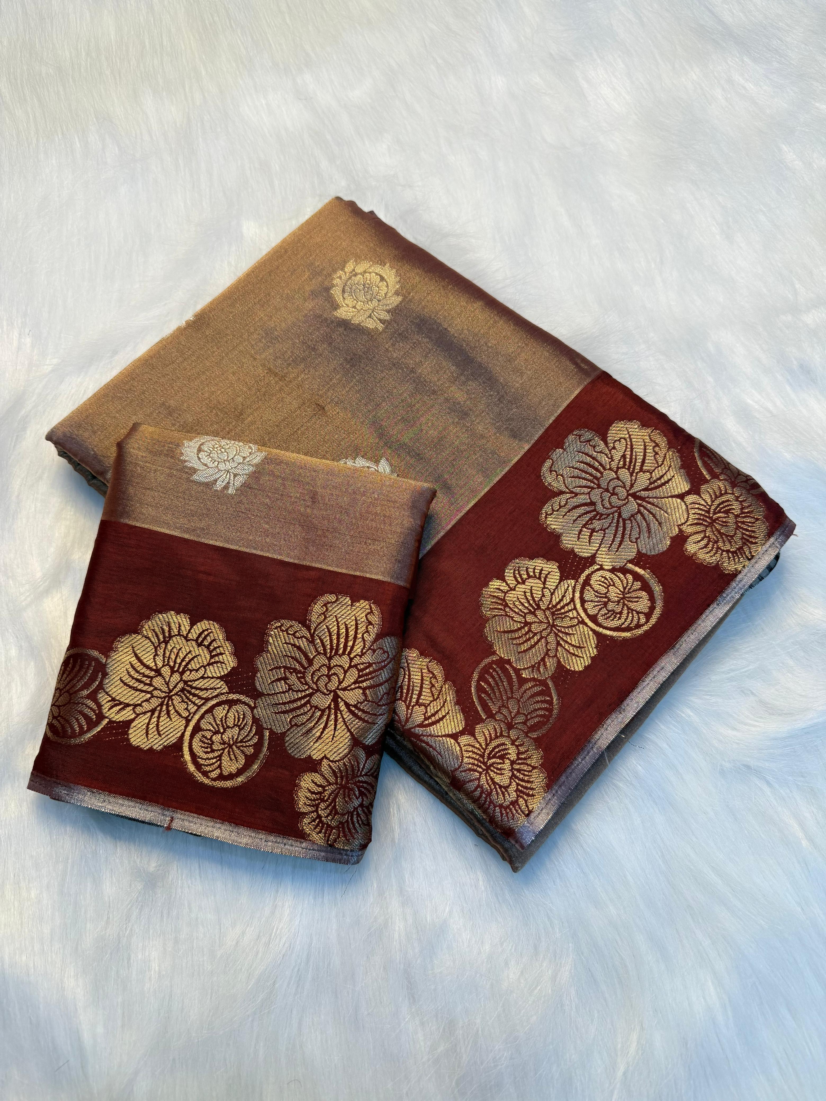 Elegant Viscose Georgette Saree with Rich Floral 2D Zari Border & Matching Running Blouse -Dual Tone Gold