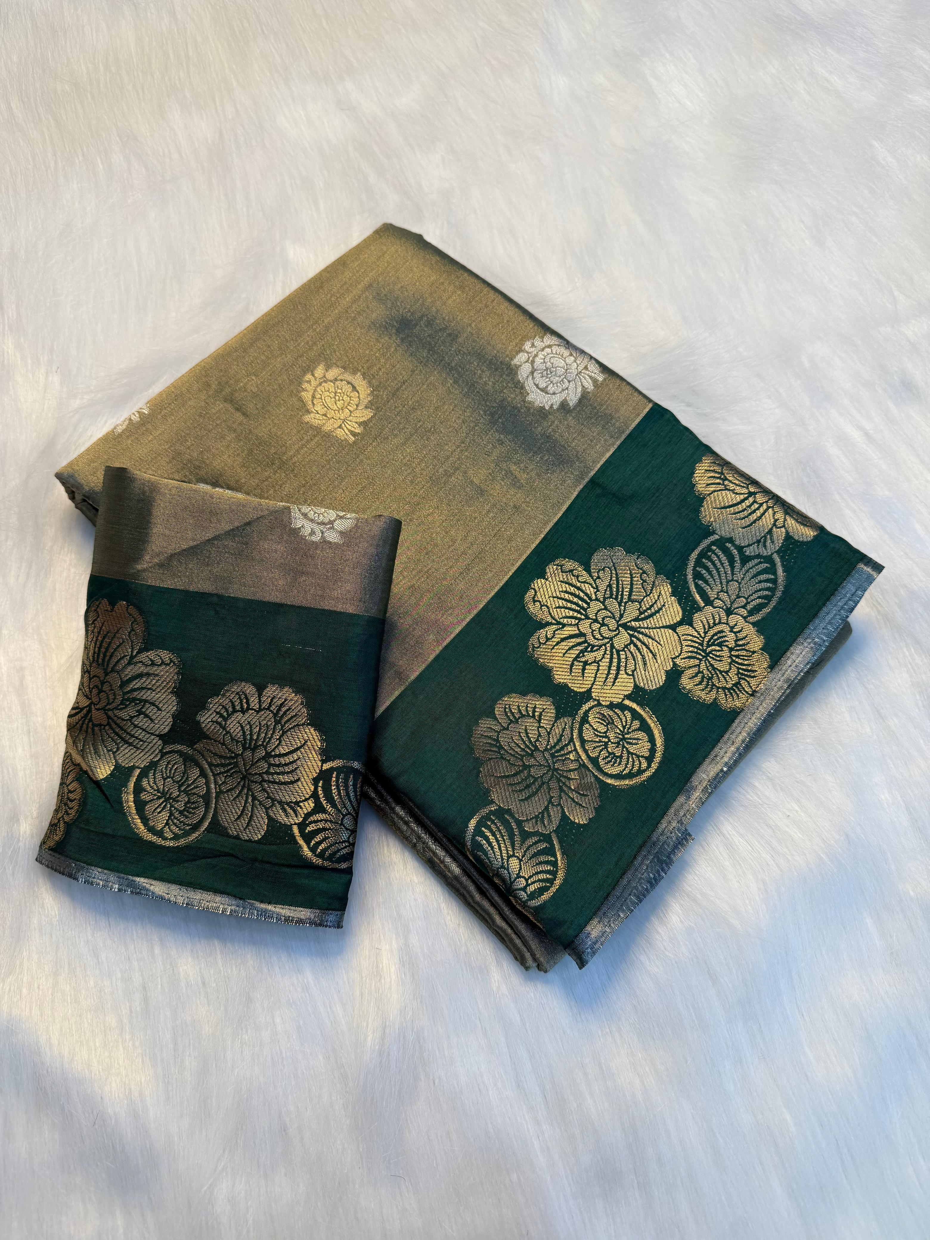 Elegant Viscose Georgette Saree with Rich Floral 2D Zari Border & Matching Running Blouse - Dual Tone Green