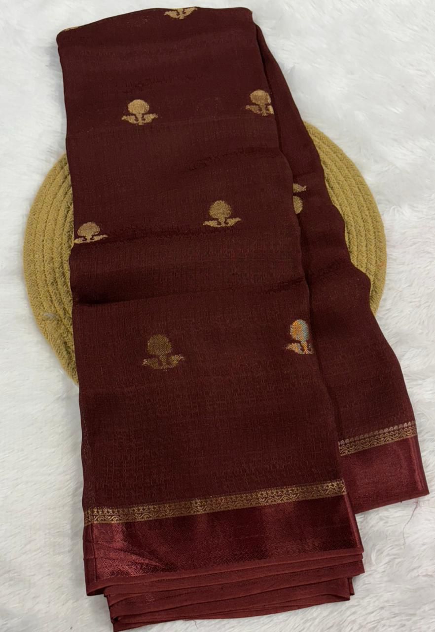 Elegant Woven Designer Saree with Minimal Motif Detailing and Rich Border : brown