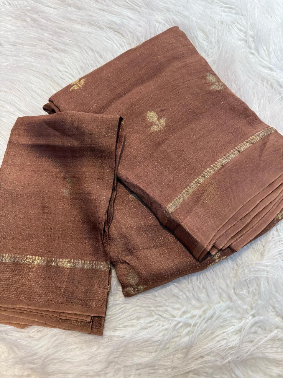 Elegant Woven Designer Saree with Minimal Motif Detailing and Rich Border : light brown
