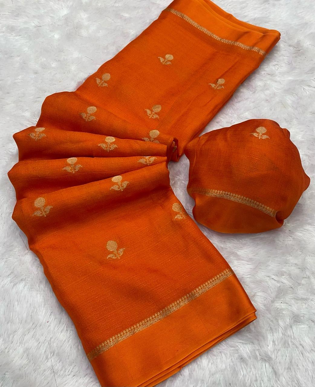 Elegant Woven Designer Saree with Minimal Motif Detailing and Rich Border : orange