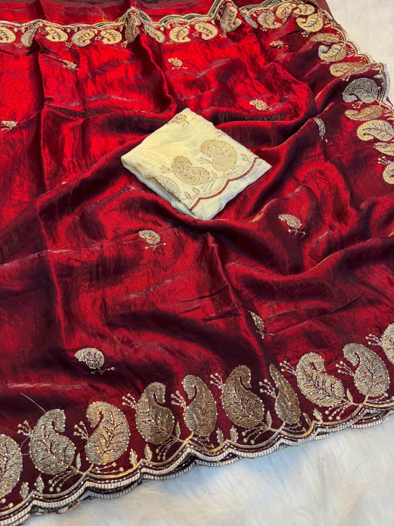 Traditional Party Wear Saree with Intricate Embroidery Work - MAROON