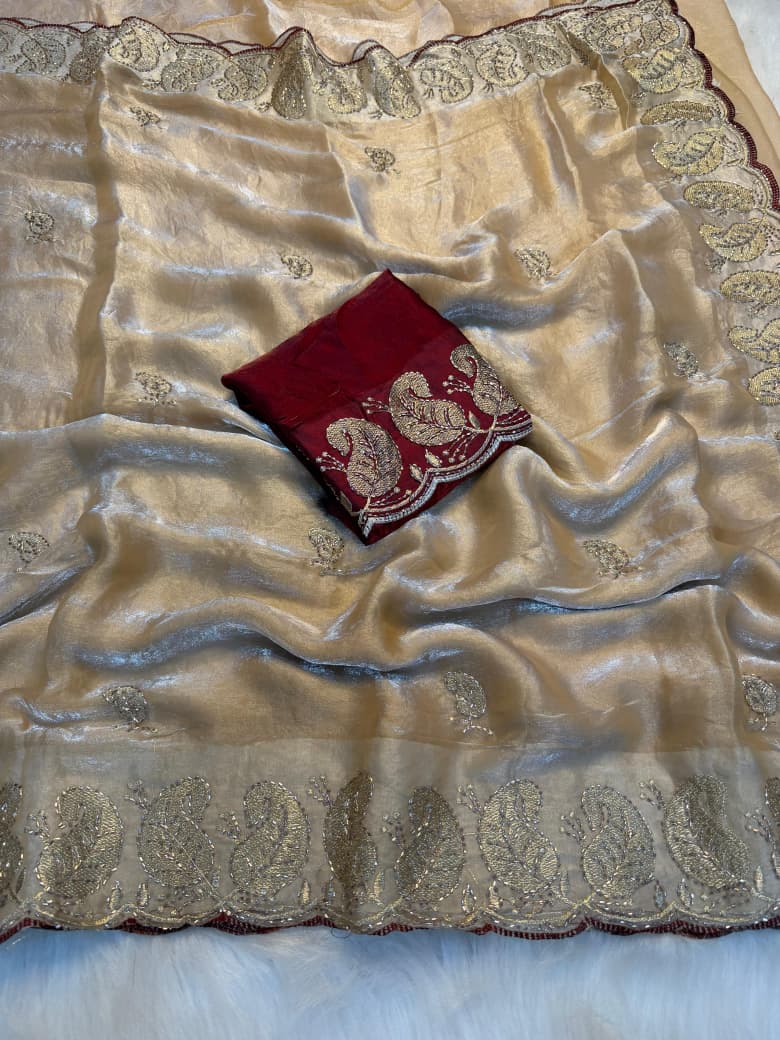 Traditional Party Wear Saree with Intricate Embroidery Work - cream