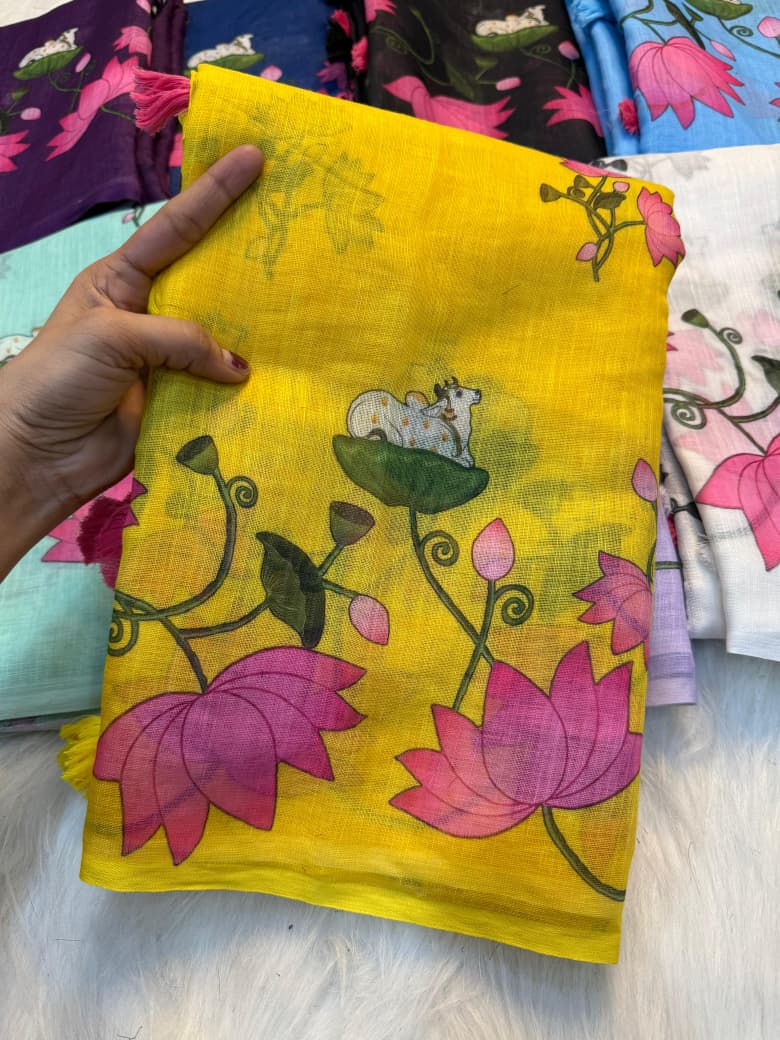 Elegant Cow Print Linen Cotton Saree with Digital Print & Tassel Pallu - yellow