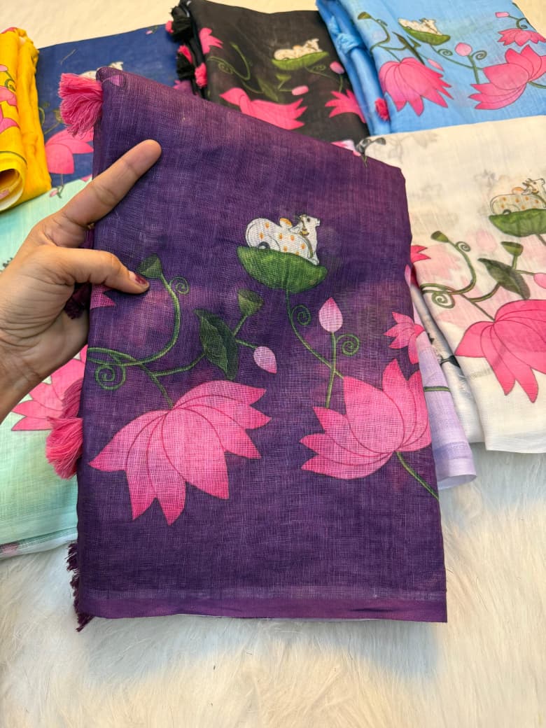 Elegant Cow Print Linen Cotton Saree with Digital Print & Tassel Pallu - deep purple