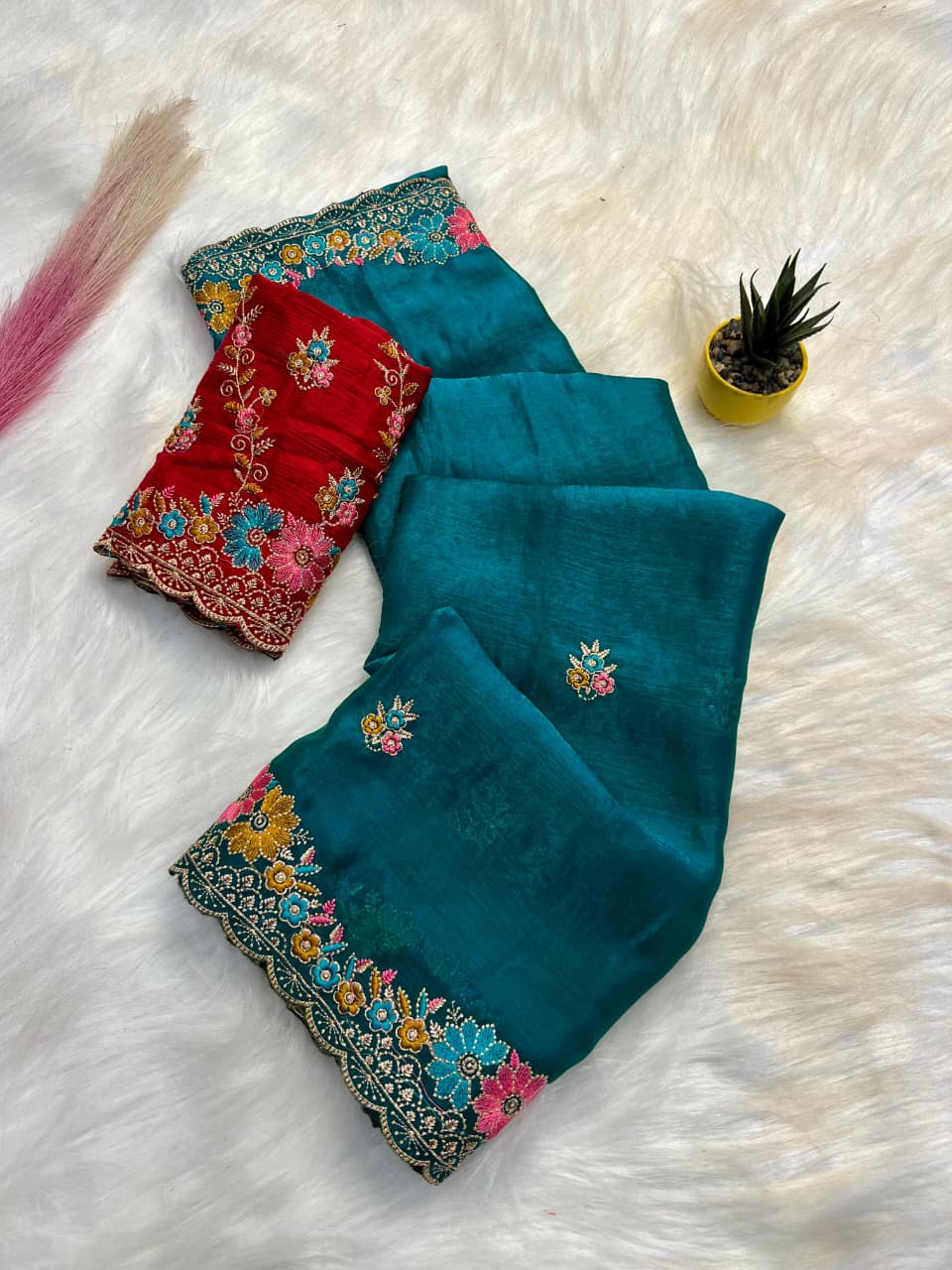 Elegant Teal Pure Soft Fendy Satin Saree with Multi Floral Embroidery & Contrast Designer Blouse - sea green