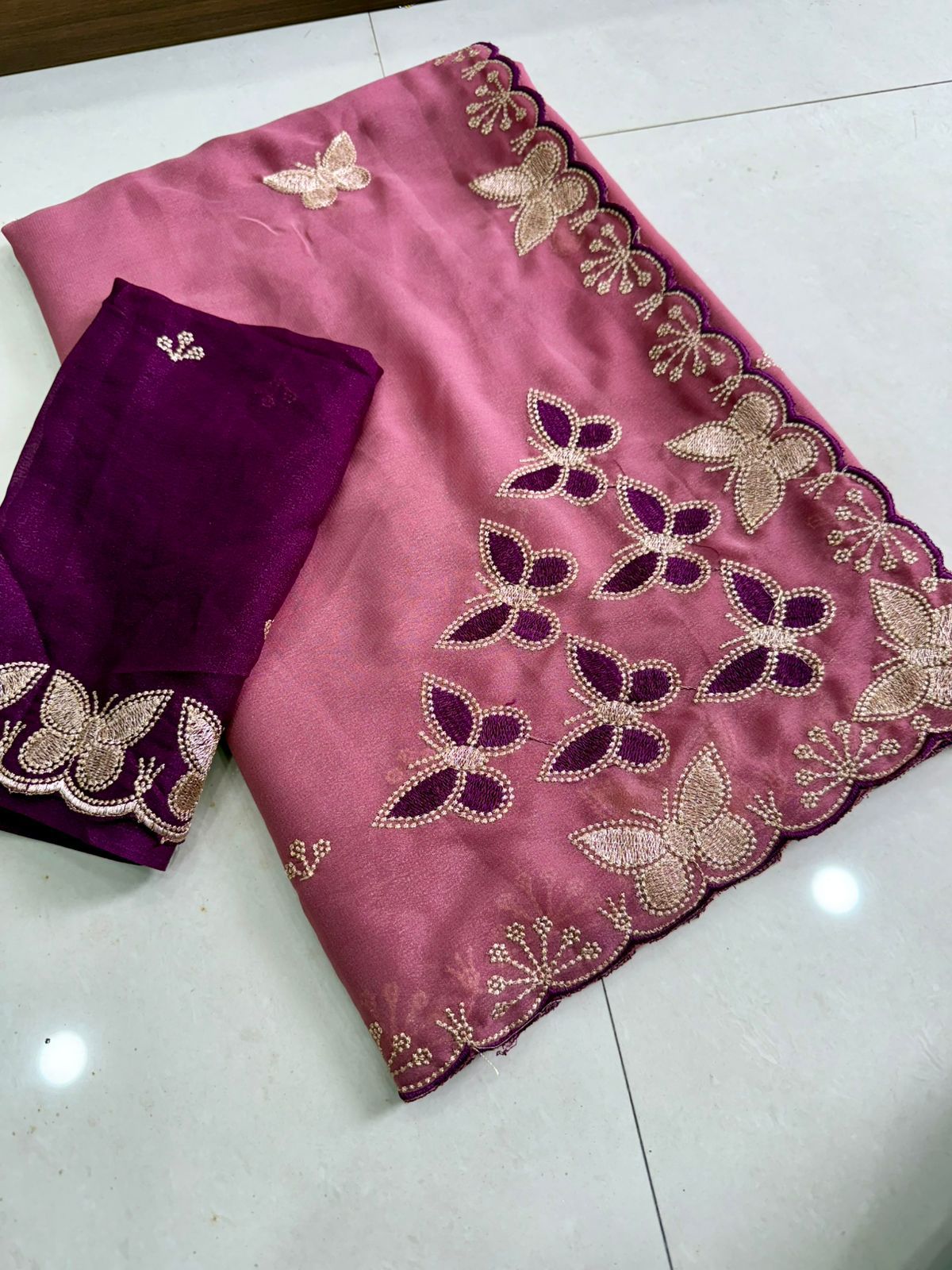 Designer Star Georgette Saree with Multi Embroidery Work - LIGHT PINK