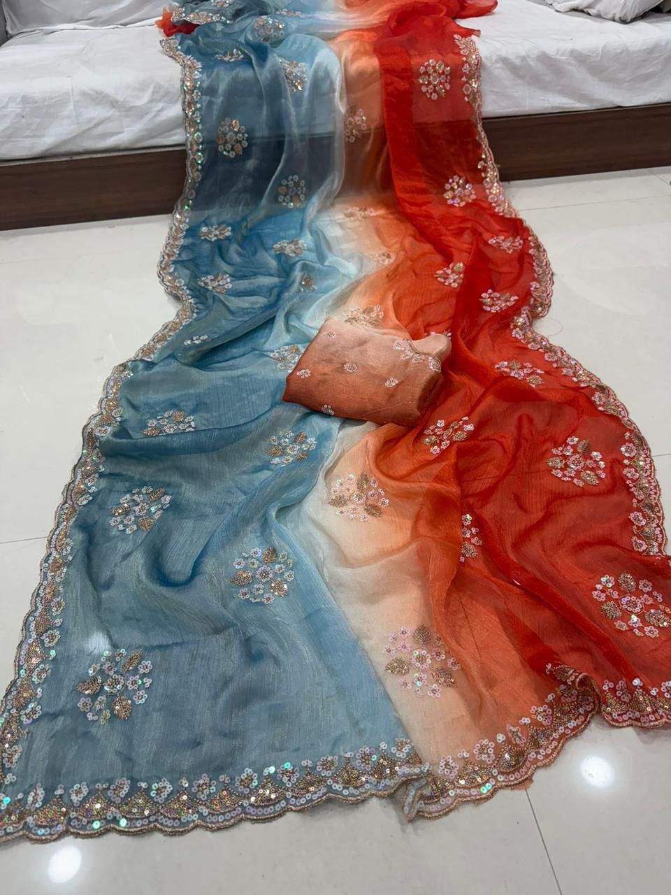 Fendy Chiffon Sequence Work gray & orange Saree With Running Blouse