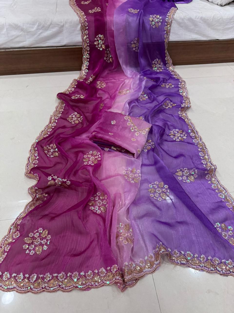 Fendy Chiffon Sequence Work rani pink & purple Saree With Running Blouse