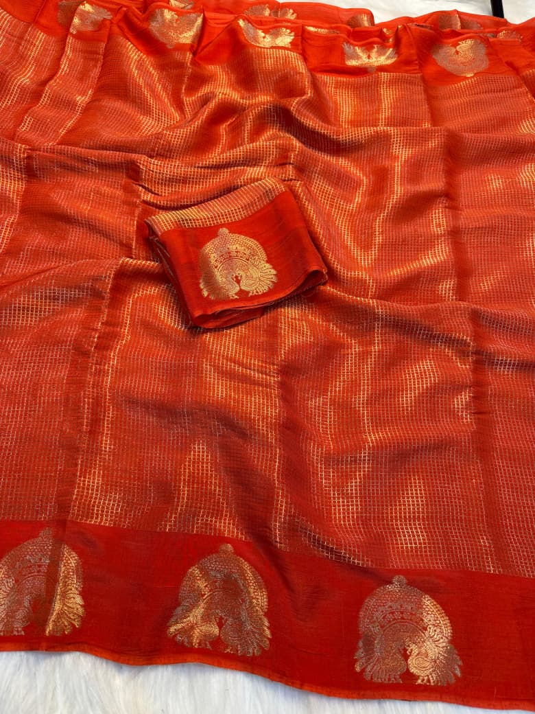 Regal Sunset Zari Checkered Weave Saree with Intricate Peacock Motif Border  - ORANGE