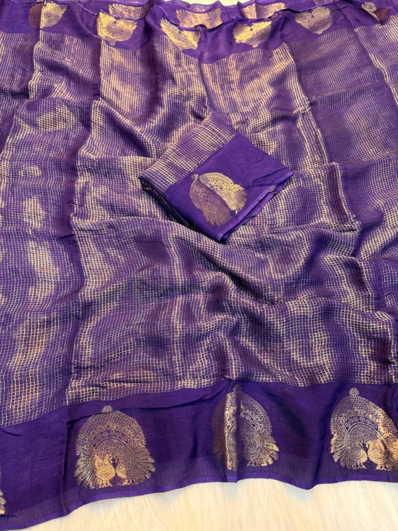 Regal Sunset Zari Checkered Weave Saree with Intricate Peacock Motif Border  - PURPLE