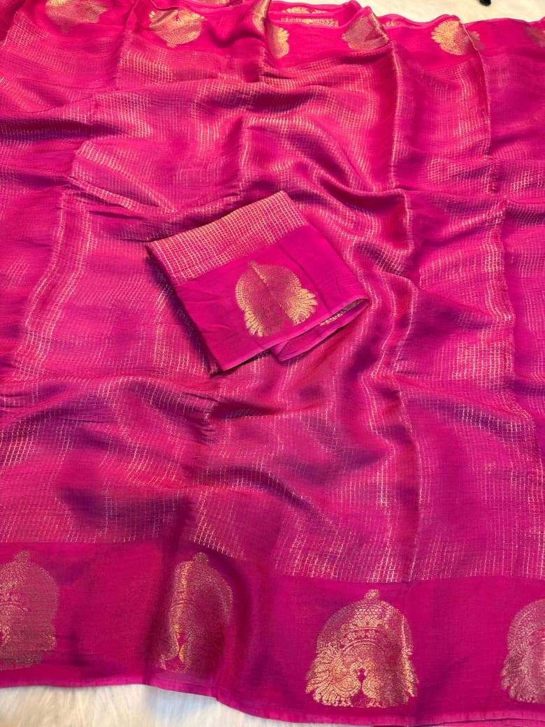 Regal Sunset Zari Checkered Weave Saree with Intricate Peacock Motif Border  - PINK