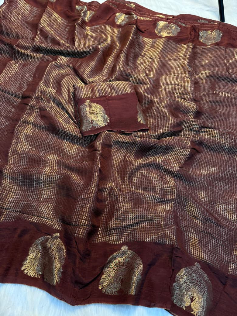 Regal Sunset Zari Checkered Weave Saree with Intricate Peacock Motif Border  - BROWN