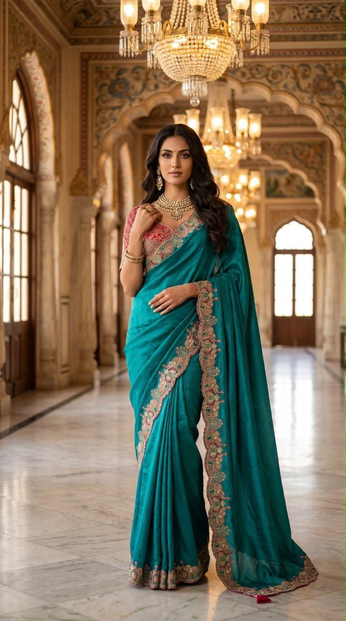 Royal  Designer Saree with Intricate Floral Embroidery & Rich Scalloped Border -SKY