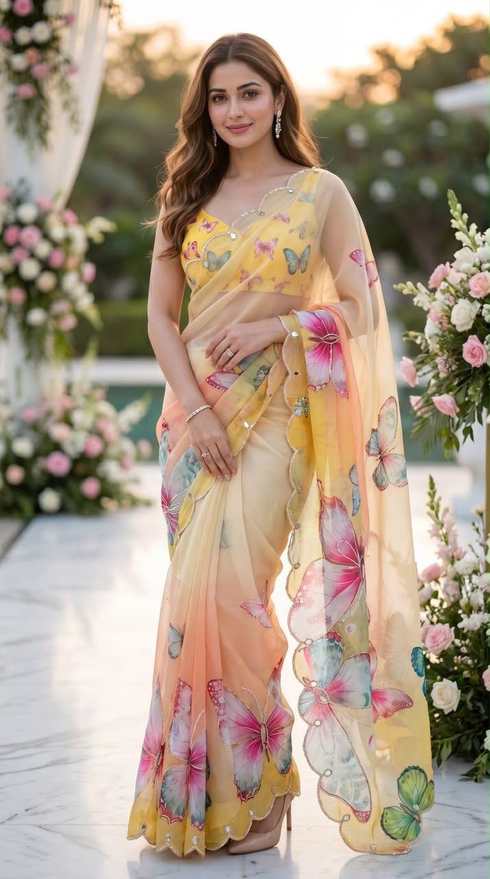 Elegant Butterfly Print Saree with Embellished Border & Designer Blouse - YELLOW