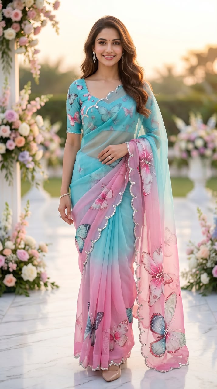 Elegant Butterfly Print Saree with Embellished Border & Designer Blouse - SKY