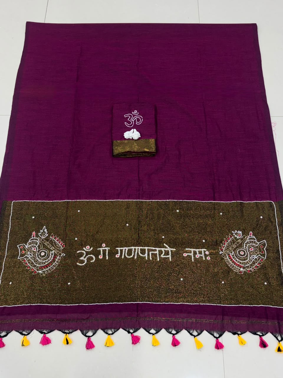 Premium Handcrafted Om Ganpati Embroidery Saree with Zari Border & Designer Tassels- PINK