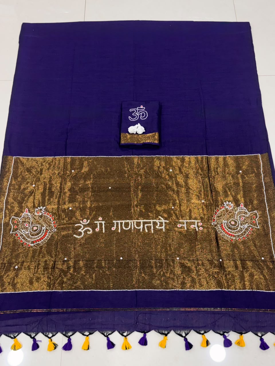 Premium Handcrafted Om Ganpati Embroidery Saree with Zari Border & Designer Tassels- BLUE
