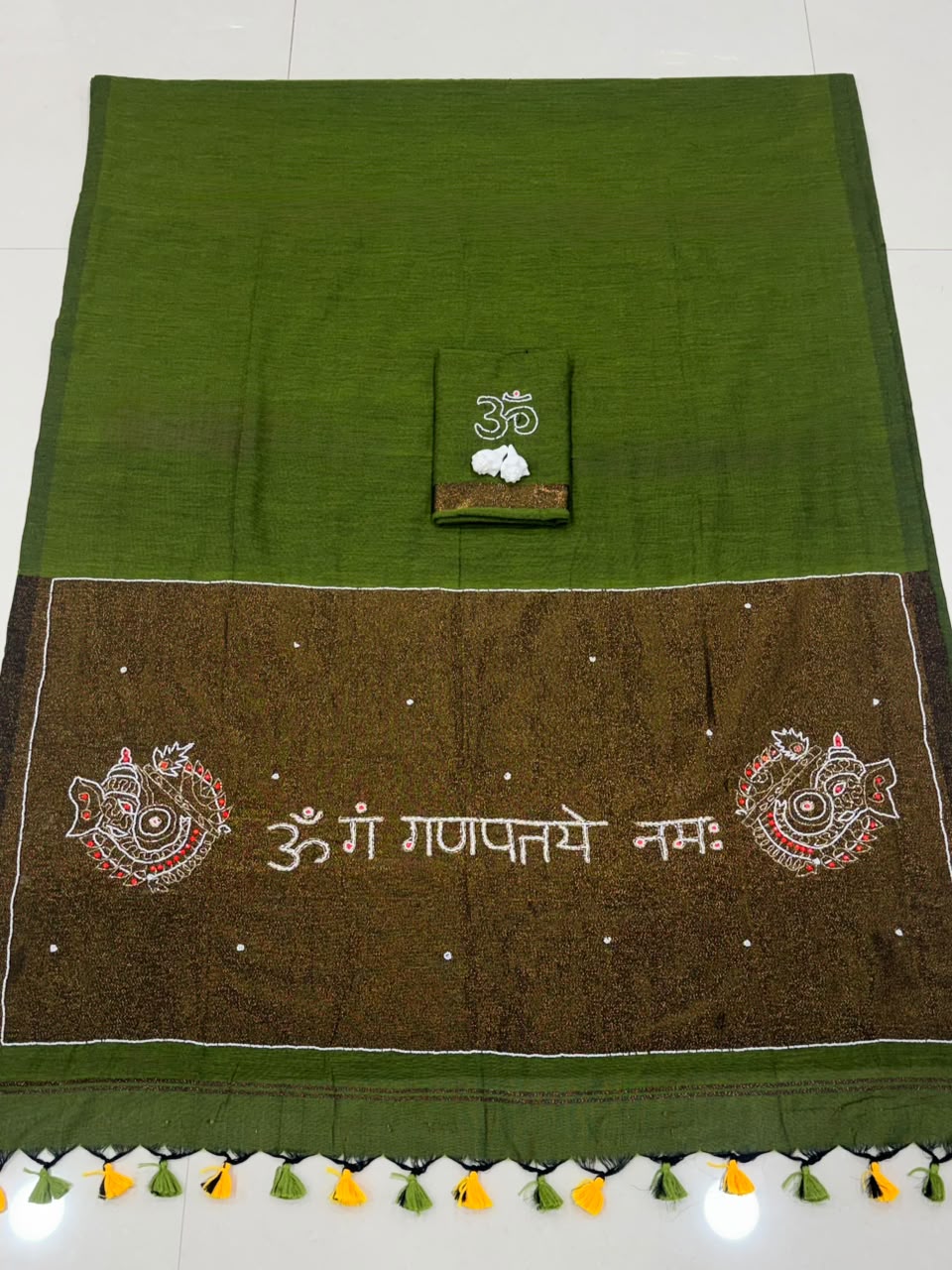 Premium Handcrafted Om Ganpati Embroidery Saree with Zari Border & Designer Tassels- GREEN