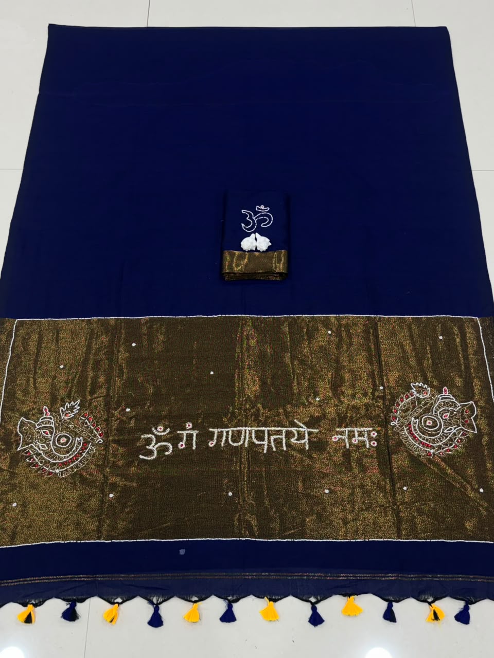 Premium Handcrafted Om Ganpati Embroidery Saree with Zari Border & Designer Tassels- NEVY BLUE