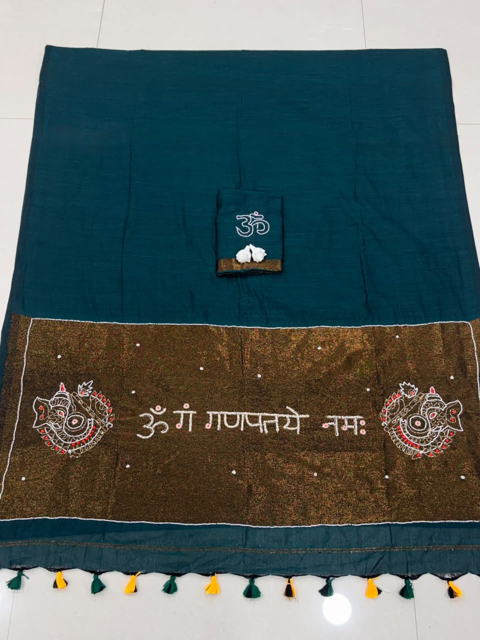 Premium Handcrafted Om Ganpati Embroidery Saree with Zari Border & Designer Tassels- RAMA