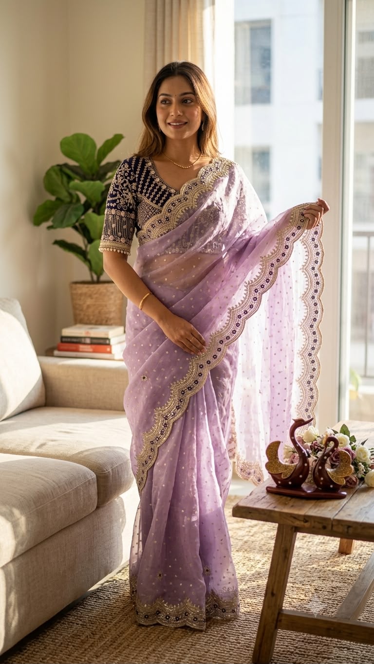 Wedding Wear Purple Saree with Rich Embroidered Border & Designer Blouse - PURPLE