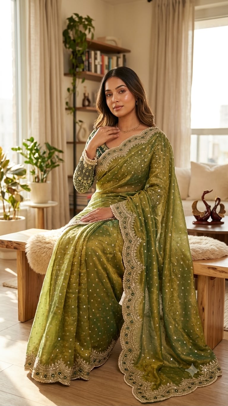 Wedding Wear Parrot Saree with Rich Embroidered Border & Designer Blouse - PARROT