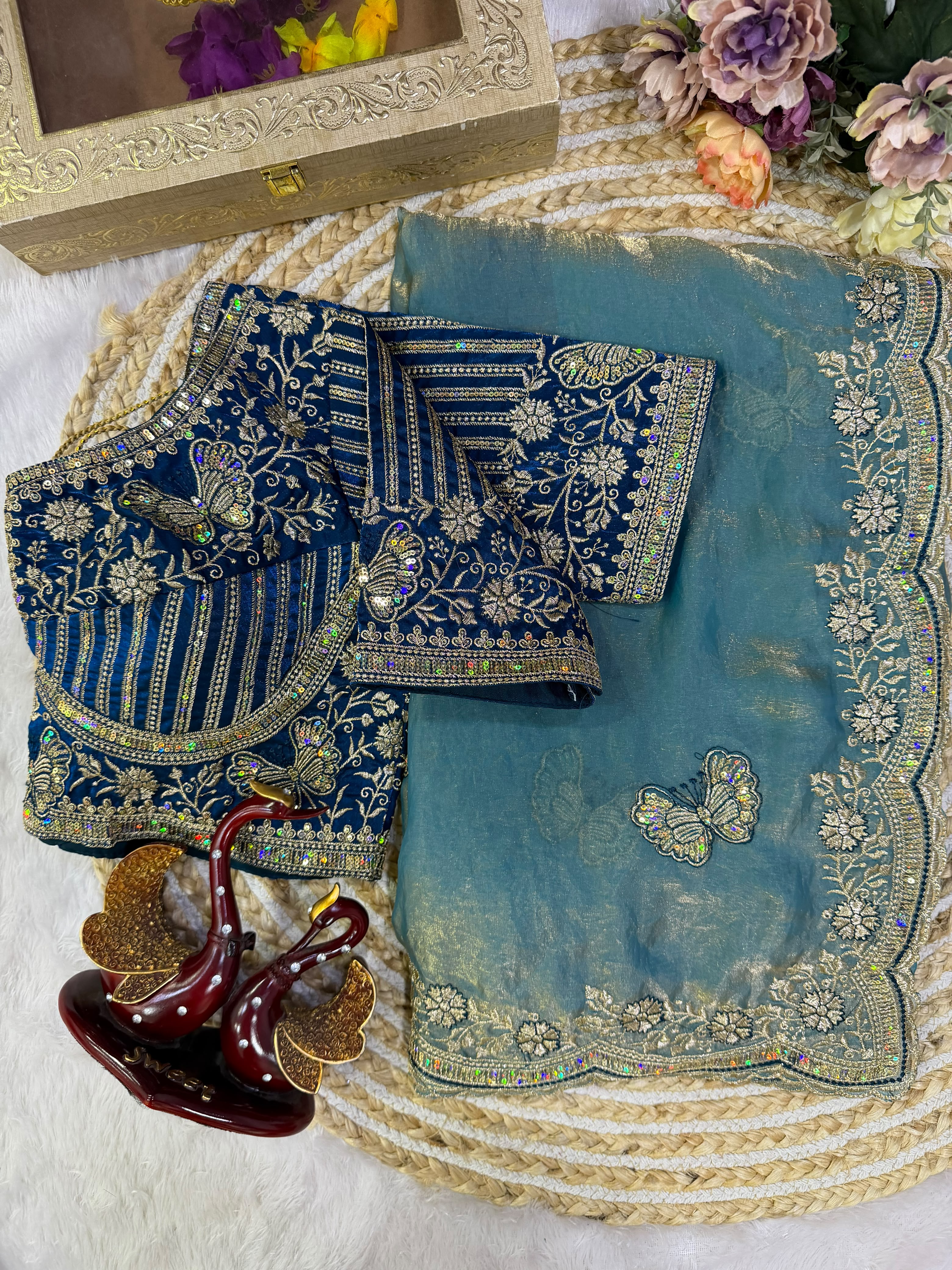 Organza Saree with Butterfly Motifs, Floral Embroidery & Sequin Scalloped Border - SKY