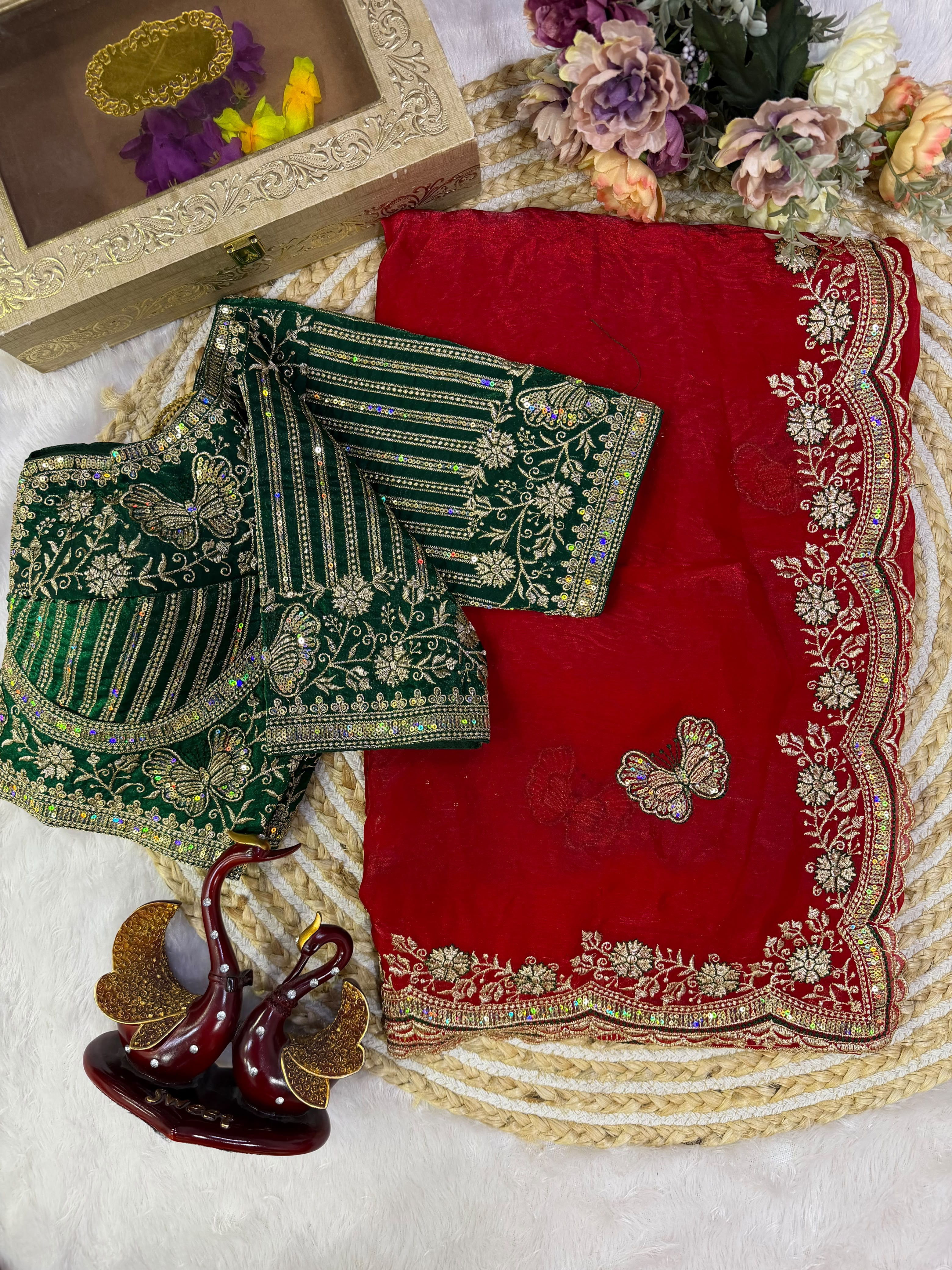 Organza Saree with Butterfly Motifs, Floral Embroidery & Sequin Scalloped Border - RED