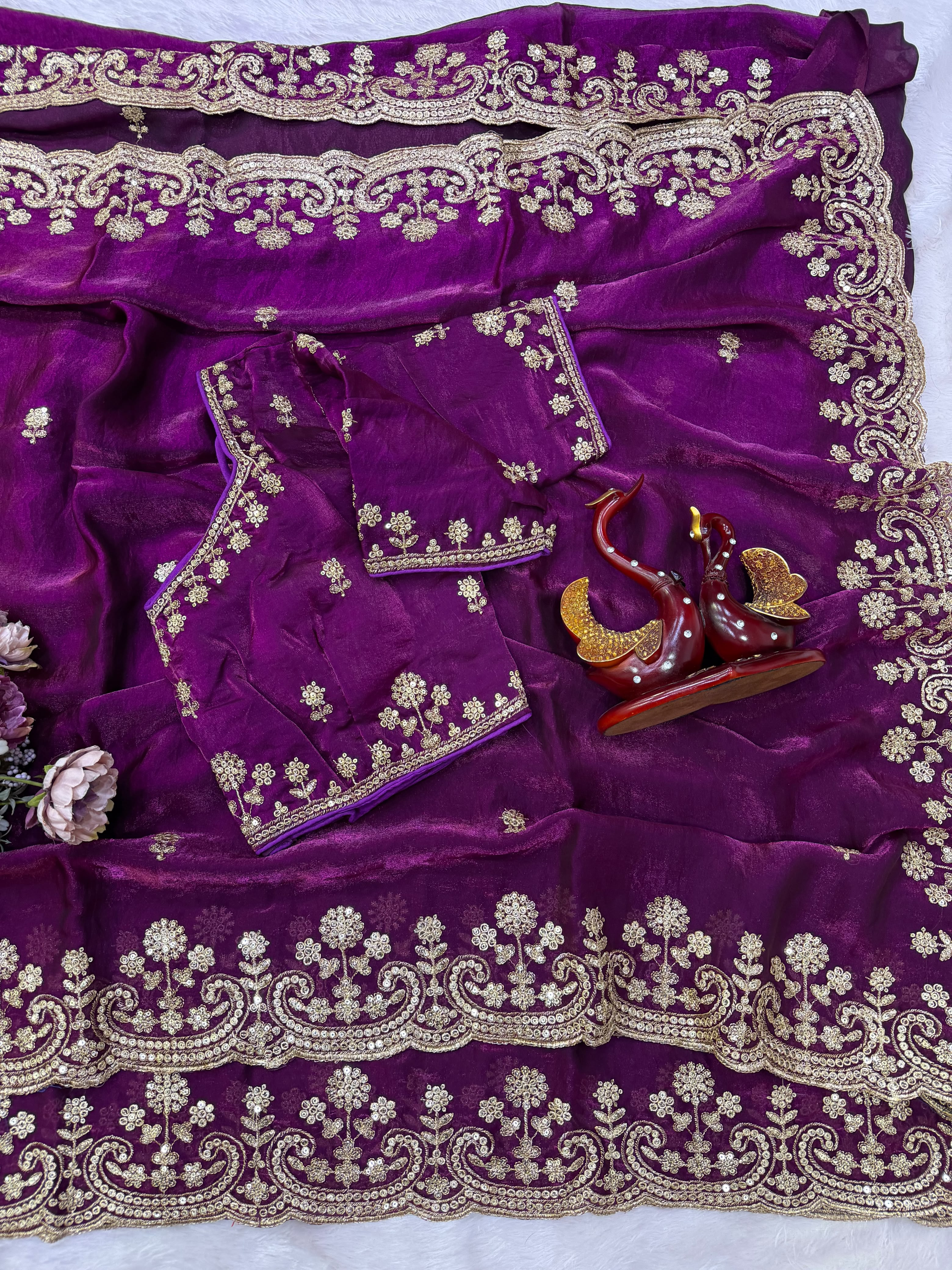 Organza Saree with Intricate Golden Floral Embroidery & Designer Scalloped Border - WINE