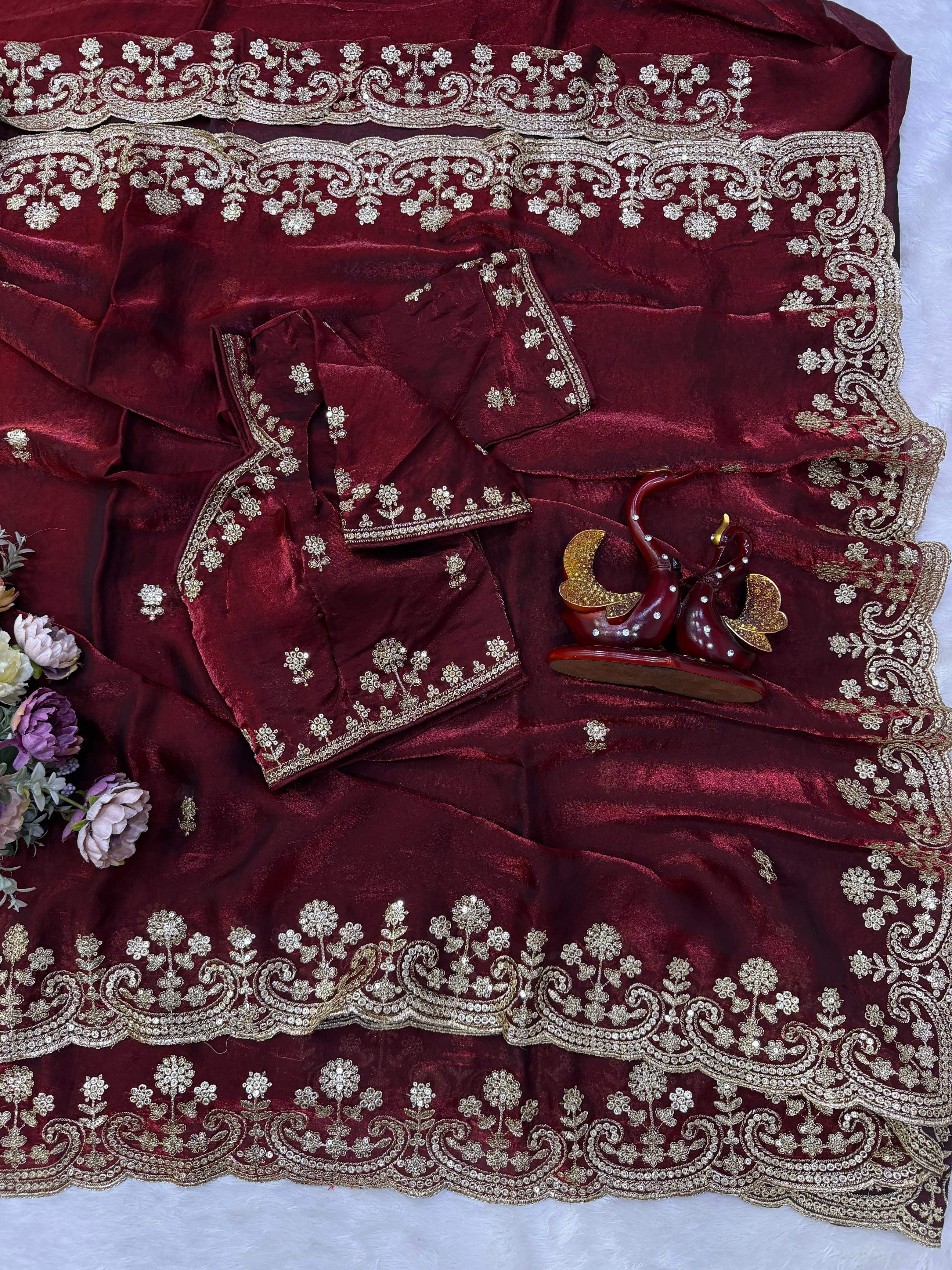 Organza Saree with Intricate Golden Floral Embroidery & Designer Scalloped Border -  MAROON