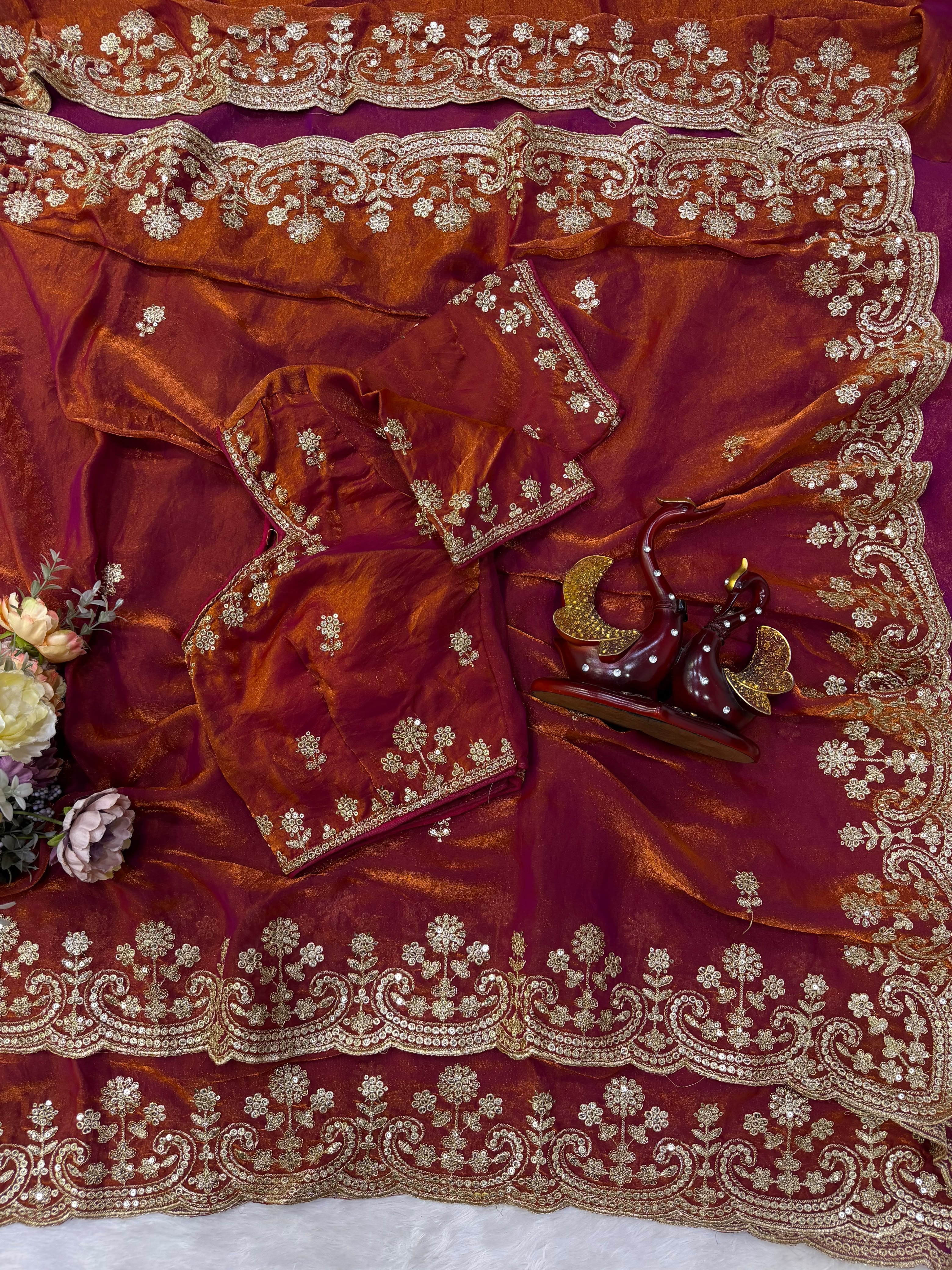 Organza Saree with Intricate Golden Floral Embroidery & Designer Scalloped Border - ORANGER