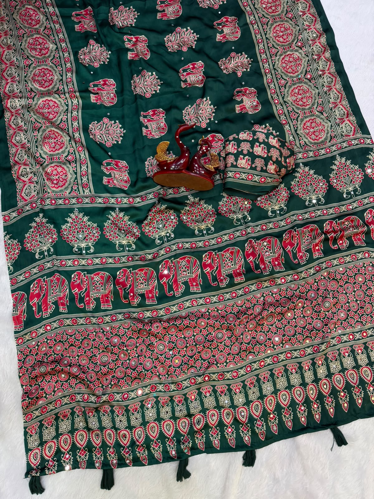 Royal Ajrakh-Inspired Printed Saree with Traditional Elephant, Tree & Paisley Motifs - GREEN