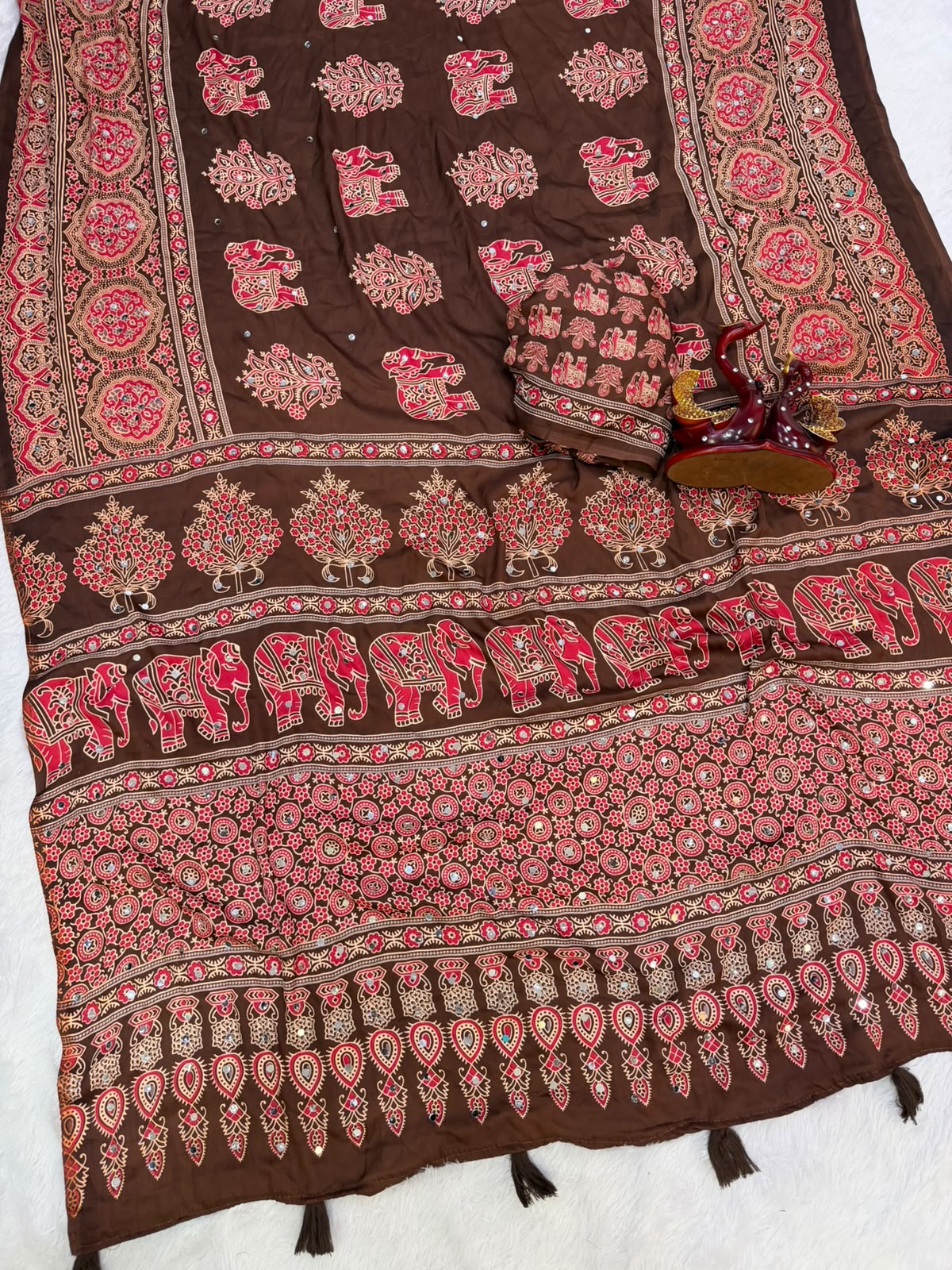 Royal Ajrakh-Inspired Printed Saree with Traditional Elephant, Tree & Paisley Motifs - BROWN