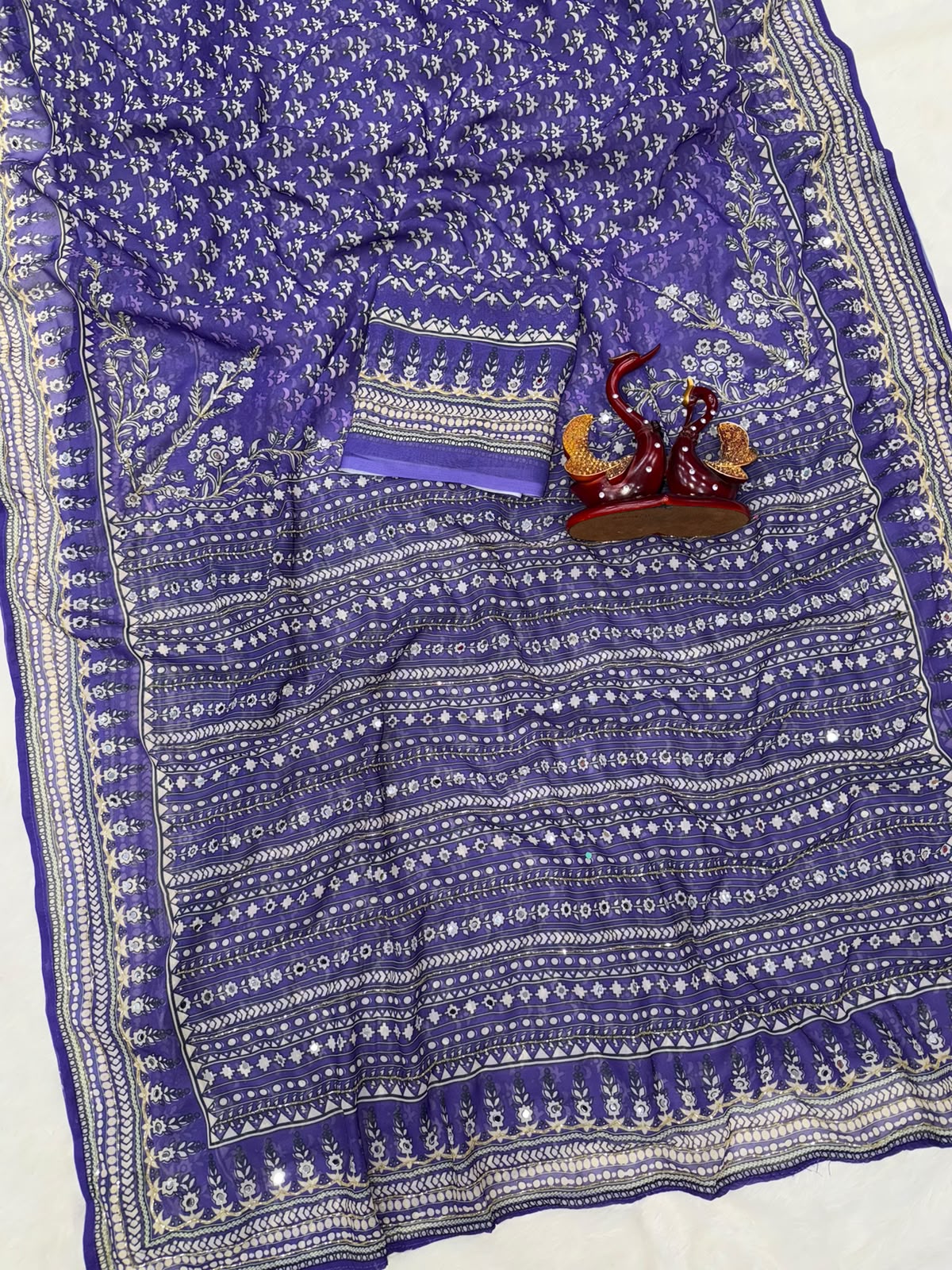 Royal Ajrakh-Inspired Printed Saree with Intricate Floral Motifs & Traditional Border - PURPLE
