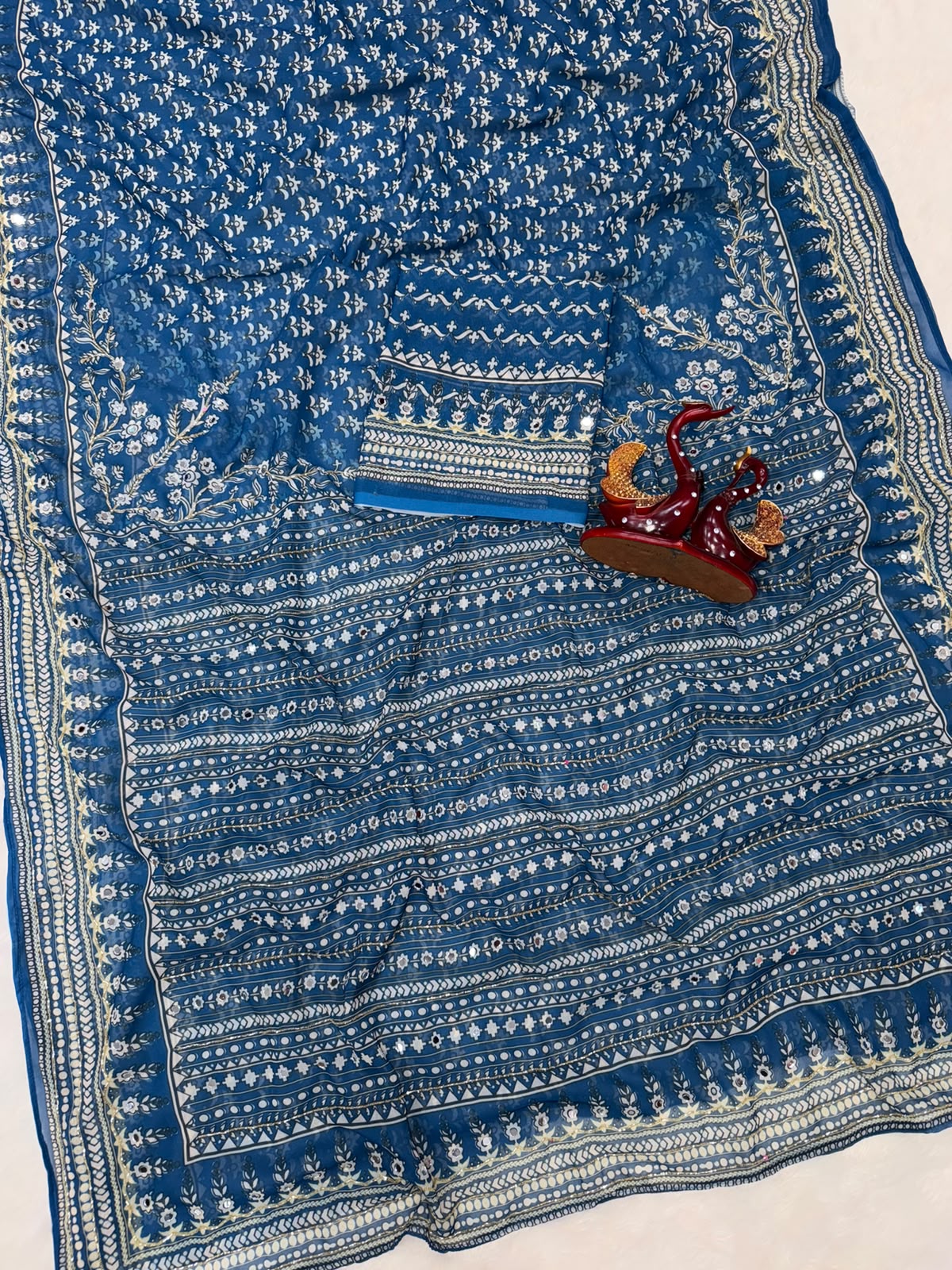 Royal Ajrakh-Inspired Printed Saree with Intricate Floral Motifs & Traditional Border - BLUE