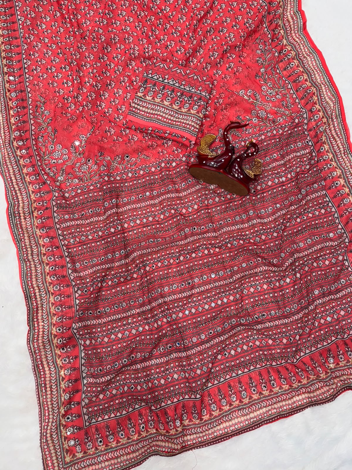 Royal Ajrakh-Inspired Printed Saree with Intricate Floral Motifs & Traditional Border - PINK