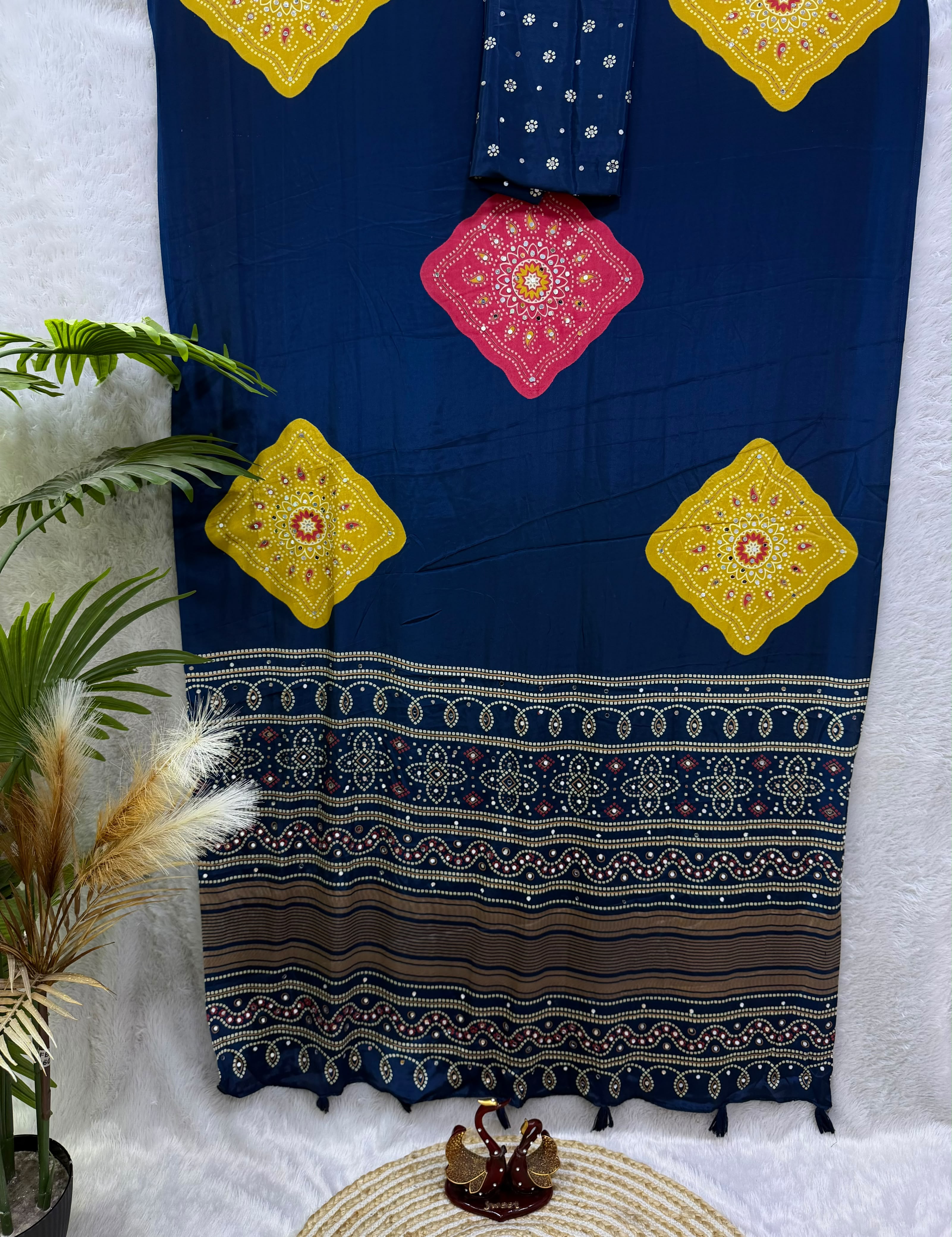 Ajrakh Inspired Printed Saree with Mustard & Maroon Motifs | Traditional Designer Saree -DARK BLUE