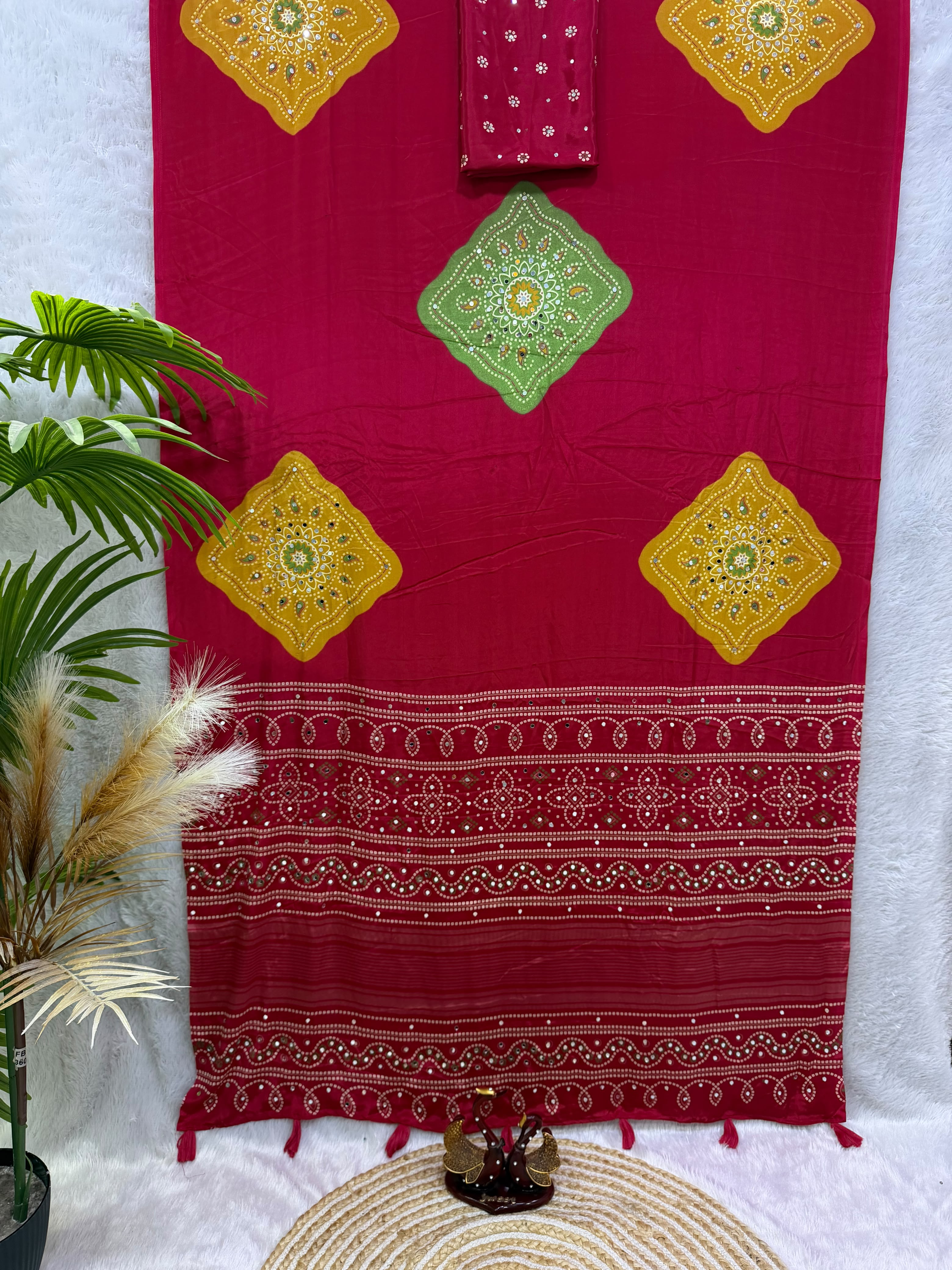 Ajrakh Inspired Printed Saree with Mustard & Maroon Motifs | Traditional Designer Saree -PINK