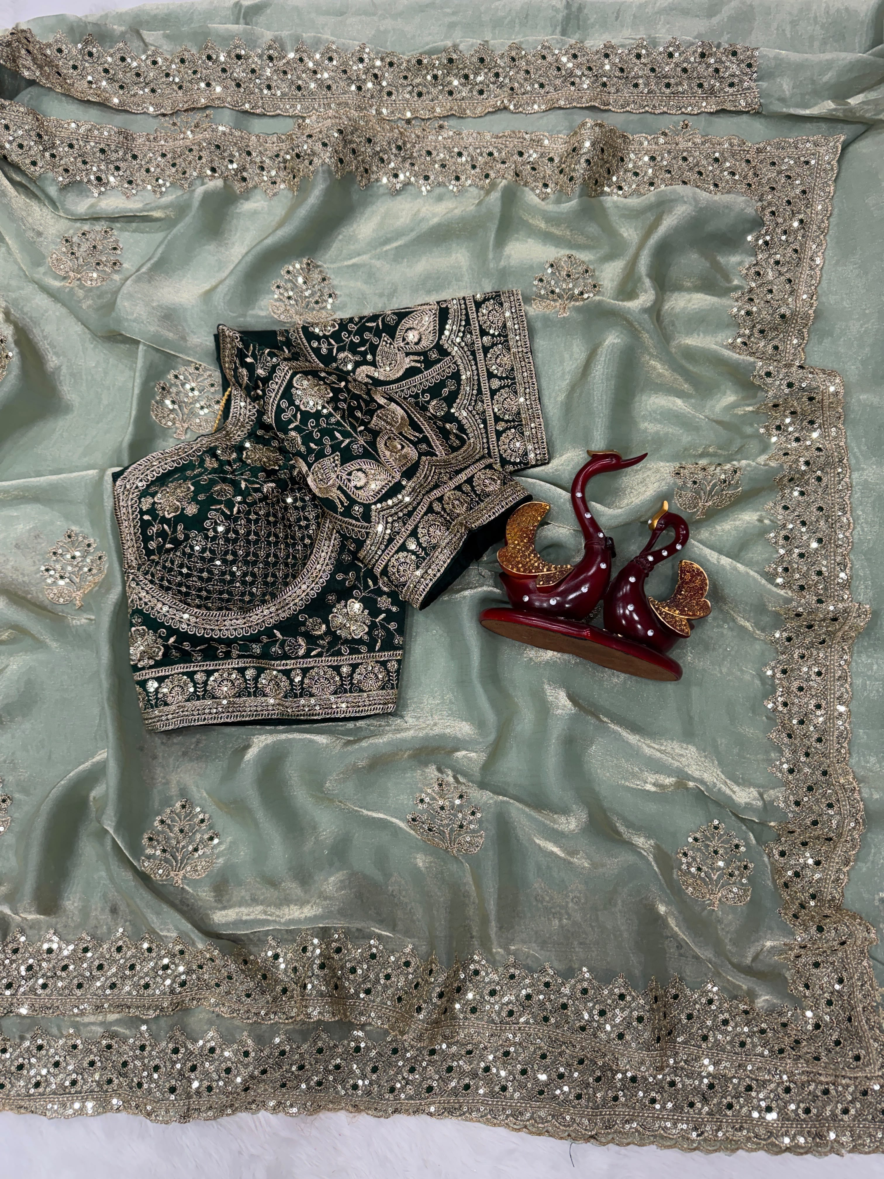 Champagne Embroidered Party Wear Saree - Green