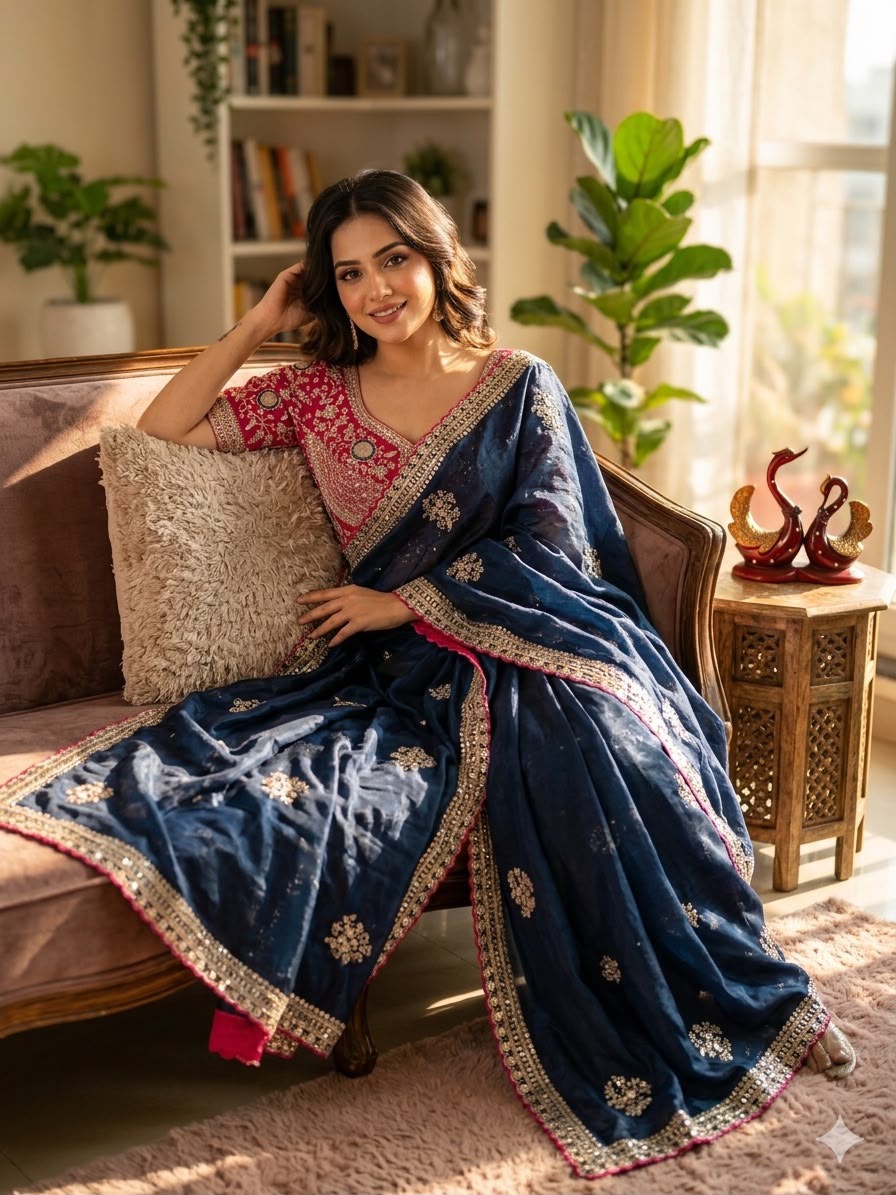 Premium Designer Embroidered Saree Collection with Heavy Sequin Work, Floral Blouse & Rich Scalloped Border  - NAVY BLUED(Copy) (Copy)
