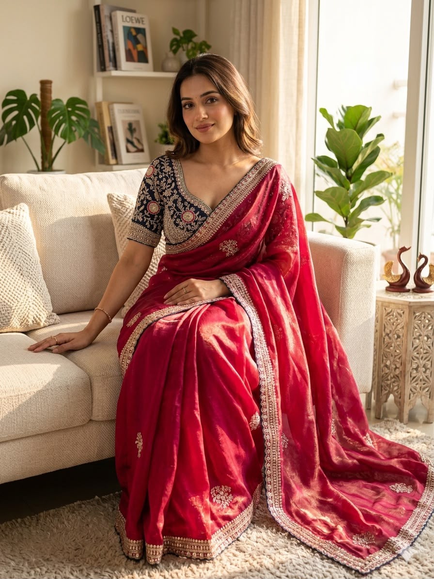 Premium Designer Embroidered Saree Collection with Heavy Sequin Work, Floral Blouse & Rich Scalloped Border  - RED(Copy)