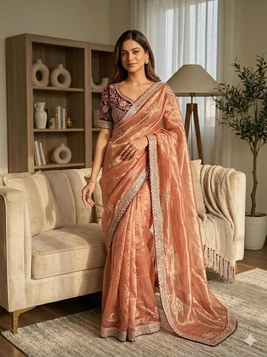 Premium Designer Embroidered Saree Collection with Heavy Sequin Work, Floral Blouse & Rich Scalloped Border  - PEACH