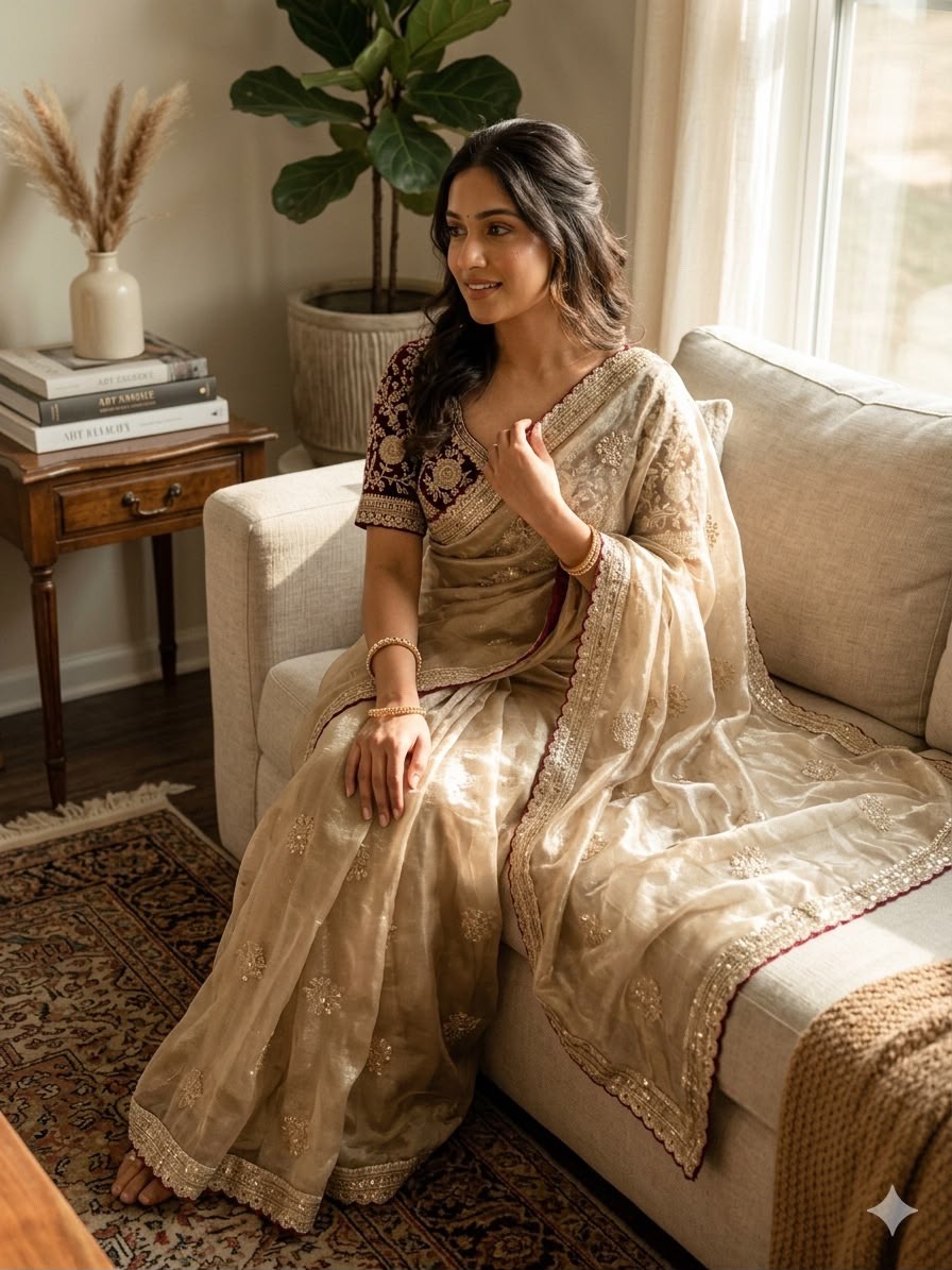 Premium Designer Embroidered Saree Collection with Heavy Sequin Work, Floral Blouse & Rich Scalloped Border  - BEIGE