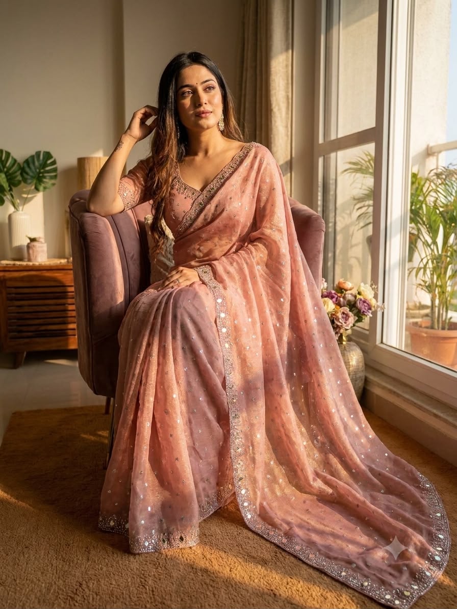 Champagne Pearl Radiance – Designer Sequin Embellished Saree  - PEACH