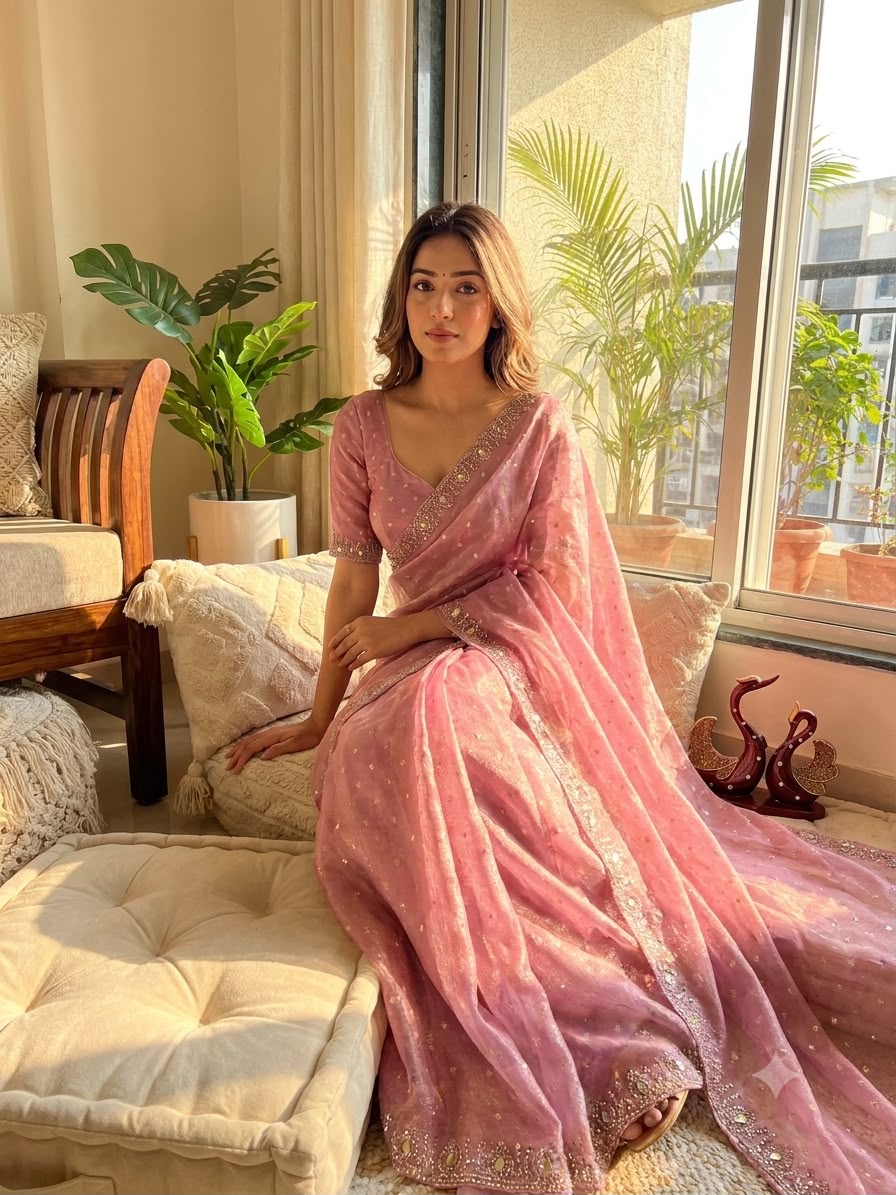 Champagne Pearl Radiance – Designer Sequin Embellished Saree  - PINK