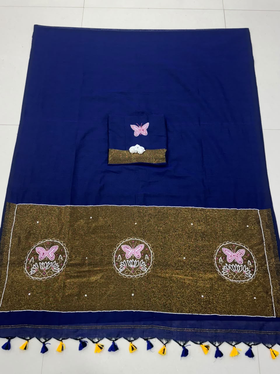 Premium Handcrafted Designer Saree with Golden Border, Floral Butterfly Embroidery & Colorful Tassel Work -  ROYAL BLUE